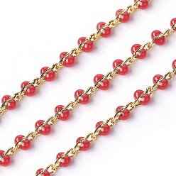 Red Handmade Enamel Beaded Chains, Soldered, with Brass Chains, Real 18K Gold Plated, Long-Lasting Plated, with Spool, Red, 4~5x2x2~3mm, about 32.8 Feet(10m)/roll