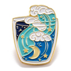 Golden Alloy Enamel Brooches, Enamel Pin, with Butterfly Clutches, Cup with Sea Wave, Colorful, Golden, 27.5x21mm
