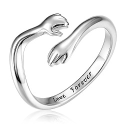 Platinum Rhodium Plated 925 Sterling Silver Hug Hands Open Cuff Ring with Love Forever for Women, Platinum, US Size 6 1/2(16.9mm)