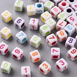Mixed Color Opaque White Acrylic Beads, Cube with Number, Mixed Color, 6x6x6mm, Hole: 3.5mm, about 3000pcs/500g