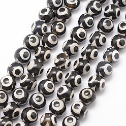 Noir Style tibétain 3 -eye dzi perles, naturelles agate perles brins, ronde, teints et chauffée, noir, 8mm, Trou: 1mm, Environ 23 pcs/chapelet, 7.5 pouce
