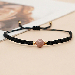 Rhodonite Bracelet de perles tressées rondes en rhodonite naturelle, bracelet réglable noir, perle: 8 mm