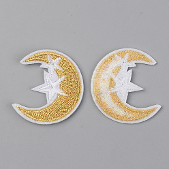 Gold Computerized Embroidery Cloth Iron on/Sew on Patches, Appliques, Costume Accessories, Moon with Star, Gold, 38x34x1.5mm