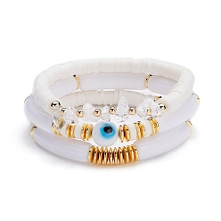 White Chunky Tube Beads Bracelets Set, Evil Eye Beads Bracelets,  Natural Quartz Crystal Chip Beads Reiki Bracelets, Heishi Beads Surfering Bracelets for Women, Golden, White, Inner Diameter: 2-1/4 inch(5.7cm), 3pcs/set