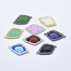 Mixed Color Brass Micro Pave Cubic Zirconia Links, with Glass, Faceted, Rhombus, Mixed Color, 33x20x5mm, Hole: 1.6mm