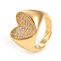 Золотой Регулируемые латунные кольца микро манжеты из прозрачного циркония, открытые кольца, сердце, золотые, Размер 7, внутренний диаметр: 17 мм