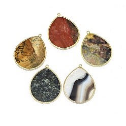 Смешанные камни Природные смешанные подвески драгоценных камней, с латунной фурнитурой , слеза, золотые, 44~45x34~35x2 мм, отверстие : 2 мм