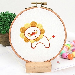 Lion DIY Cartoon Animal Embroidery Sets, Including Imitation Bamboo Frame, Plastic & Alloy Pins, Cloth, Colorful Threads, Lion Pattern, 37~190x1~195x0.6~8.5mm, Inner Diameter: 107mm