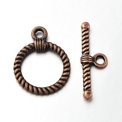 Red Copper Tibetan Style Alloy Ring Toggle Clasps, Red Copper, Ring: 22x17x2mm, Hole: 2.5mm, Bar: 26x8x3mm, Hole: 2.5mm