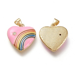 Pearl Pink Brass Micro Pave Cubic Zirconia Pendants, with Enamel, Real 18K Gold Plated, Heart & Rainbow, Pearl Pink, 21x18.5x3.5mm, Hole: 3.5x5mm