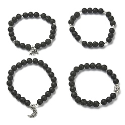 Lave Ensemble de bracelets extensibles en perles de lave naturelle, d'agate noire et d'hématite, bracelets en alliage éléphant, lune et bouddhiste, diamètre intérieur: 4 pouce (4 cm), 2-1/8 pc / style