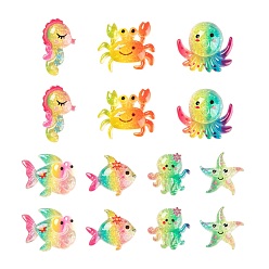 Mixed Color 56Pcs 7 Style Resin Cabochons, Sea World Style, with Glitter Powder, Goldfish & Crab & Octopus & Starfish & Sea horse & Fish, Mixed Color, 8pcs/style