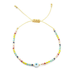 Coloré Bracelet réglable en perles miyuki graine et résine mauvais œil tressé pour femme, colorées, diamètre intérieur: 1-3/4~2-3/4 pouce (4.4~7.1 cm)