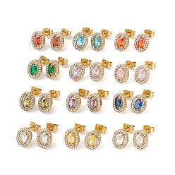 Mixed Color Cubic Zirconia & Rhinestone Oval Stud Earrings, Ion Plating(IP) 304 Stainless Steel Jewelry for Women, Golden, Mixed Color, 10x8mm, Pin: 0.6mm