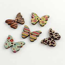 Mixed Color 2-Hole Printed Wooden Buttons, Butterfly, Mixed Color, 20.5x28x3mm, Hole: 2mm