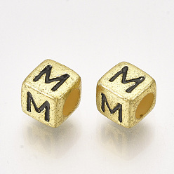 Letter M Acrylic Beads, Horizontal Hole, Metallic Plated, Cube with Letter.M, 6x6x6mm, 2600pcs/500g