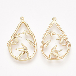 Real 18K Gold Plated Brass Pendants, Nickel Free, teardrop, with Bamboo, Real 18K Gold Plated, 32x20x2~3.5mm, Hole: 1mm