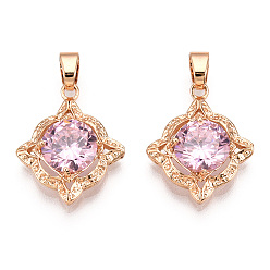 Real 18K Gold Plated Brass Micro Pave Pink Cubic Zirconia Pendants, Flower Charm, Real 18K Gold Plated, 21.5x17x5.5mm, Hole: 4.5x3.5mm