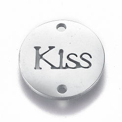 Couleur Acier Inoxydable 304 connecteurs de liens en acier inoxydable, plat rond avec mot baiser, pour Saint Valentin, couleur inox, 12x1mm, Trou: 1.2mm