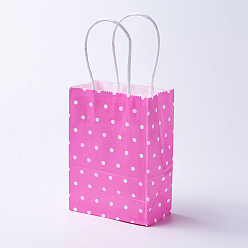 Deep Pink kraft Paper Bags, with Handles, Gift Bags, Shopping Bags, Rectangle, Polka Dot Pattern, Deep Pink, 21x15x8cm