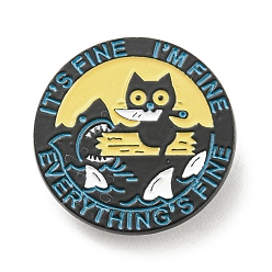 Yellow Cat Shark Knife Enamel Pins, Black Alloy Brooches for Backpack Clothes, Word It's Fine I'm Fine Everything's Fine, Yellow, 30x1.5mm