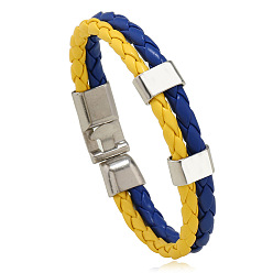 Yellow Flag Color Imitation Leather Double Line Cord Bracelet with Alloy Clasp, National Jewelry for Women, Yellow & Blue, 8-5/8 inch(22cm)