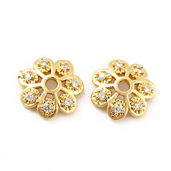 Golden Brass Micro Pave Clear Cubic Zirconia Bead Caps, Cadmium Free & Lead Free, Multi-Petal, Flower, Golden, 8x2mm, Hole: 1.2mm