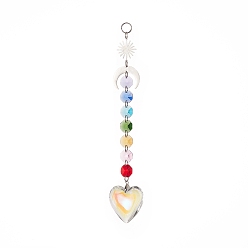 Platinum Electroplate Glass Heart Window Hanging Suncatchers, Brass Sun & Moon and Glass Octagon Beads Pendants Decorations Ornaments, Platinum, 22cm