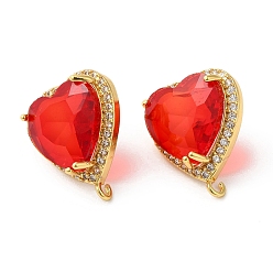 Red Rack Plating Brass Rhinestone Stud Earring Finding, with Glass, Heart with Vertical Loops, Real 18K Gold Plated, Cadmium Free & Lead Free, Red, 20.5x17mm, Hole: 1.6mm, Pin: 0.7mm