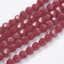 Crimson Opaque Glass Beads Strands, Imitation Jade Glass, Faceted(32 Facets), Round, Crimson, 3.5~4.5mm, Hole: 0.5mm, about 100pcs/strand, 13.9~15.7 inch(35.5~40cm)