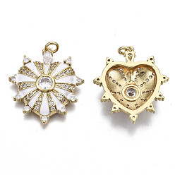White Brass Micro Pave Cubic Zirconia Pendants, with Enamel and Jump Ring, Nickel Free, Heart, Real 16K Gold Plated, White, 28x25x6mm, Jump Ring: 5x1mm, Inner Diameter: 3mm