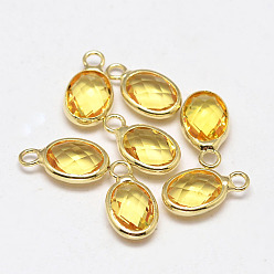 Gold Oval Faceted Golden Tone Brass Glass Charms, Gold, 12x7x3.5mm, Hole: 1mm