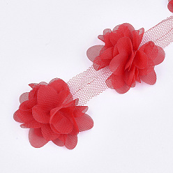 Rouge Ruban de fleur d'organza, accessoires de costumes, pour la décoration de mariage et la fabrication de boucles d'oreilles, rouge, 50~60 mm, sur 10 cour / bundle