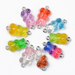 Mixed Color Transparent Resin Links, with Glitter Powder and Platinum Tone Iron Loops, Bear, Mixed Color, 24~25x11x7mm, Hole: 1.8mm