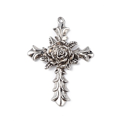 Antique Silver Alloy Pendants, Cadmium Free & Lead Free, Cross with Rose Charm, Antique Silver, 55x39.5x6.5mm, Hole: 3mm