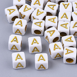 Letter A Perles acryliques plaquées, trou horizontal, métal doré enlaça, style alphabet, cube, letter.a, 5.5~6x5.5~6x5.5~6mm, Trou: 3.5mm, environ3000 pcs / 500 g