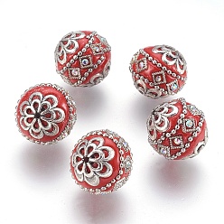 Rouge Perles Indonésiennes manuelles, avec les accessoires en métal, ronde, argent antique, rouge, 19.5x19mm, Trou: 1mm