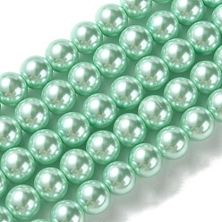 Cyan Clair Brins de perles rondes en verre teinté écologique, cordon en coton fileté, cyan clair, 8mm, Trou: 0.7~1.1mm, Environ 52 pcs/chapelet, 15 pouce