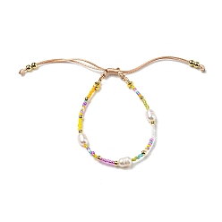 Colorido Pulseras ajustables con cuentas trenzadas de perlas naturales y semillas de vidrio miyuki, pulsera ajustable de hilo de nailon, colorido, diámetro interior: 1-7/8~3-1/8 pulgada (4.7~8 cm)
