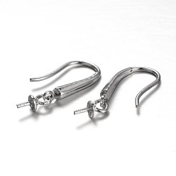 Platinum Rhodium Plated 925 Sterling Silver Earring Hooks, with Cup Pearl Bail Pin for Half Drilled Beads, Platinum, 19x3x8mm, 21 Gauge, Pin: 0.7mm