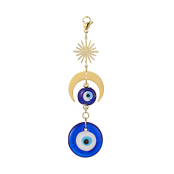 Ronde Décorations de pendentif au chalumeau mauvais œil faites à la main, décoration breloque soleil et lune, motif rond, 120mm, pendentif: 102x29.5x6 mm