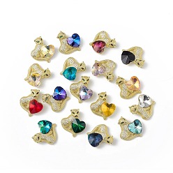 Mixed Color Real 18K Gold Plated Rack Plating Brass Micro Pave Clear Cubic Zirconia Pendants, with Glass, Long-Lasting Plated, Cadmium Free & Lead Free, Leopard with Heart Charm, Mixed Color, 24x22x8mm, Hole: 5x3mm