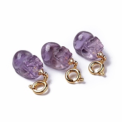 Golden Natural Amethyst Pi Yao Spring Ring Clasp Charms, Rack Plating Brass Spring Ring Clasps, Golden, 23mm, Pi Yao: 16x9x8.5mm