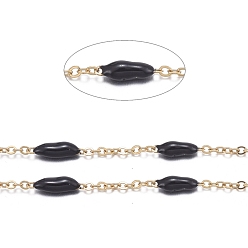 Black Handmade Enamel Beaded Chains, with Stainless Steel Curb Chains and Spool, Soldered, Long-Lasting Plated, Golden, Black, 1.5x1x0.1mm, about 32.8 Feet(10m)/roll