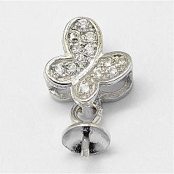 Platinum Rhodium Plated 925 Sterling Silver Pendant Bails, for Half Drilled Beads, with Cubic Zirconia, Butterfly, Platinum, 12x7x4.3mm, Hole: 2.5x4.5mm, Pin: 0.63mm