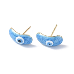 Light Sky Blue Enamel Curved Oval with Evil Eye Stud Earrings, Real 18K Gold Plated Brass Jewelry for Women, Light Sky Blue, 7.5x15.5mm, Pin: 0.8mm