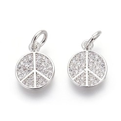 Platinum Brass Micro Pave Cubic Zirconia Charms, Lead Free & Cadmium Free, Clear, Peace Sign, Platinum, 11x9x2mm, Hole: 3mm
