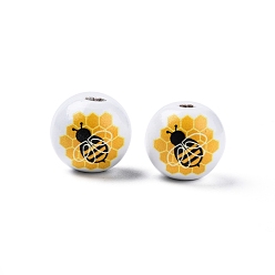 Bees Perles en bois imprimées sur le thème des abeilles, ronde, or, motif d'abeilles, 15.5~16x15mm, Trou: 3.5mm