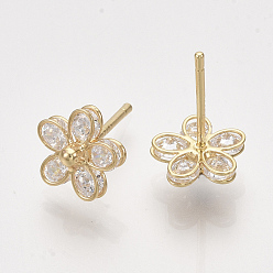 Real 18K Gold Plated Brass Earring Studs, with Cubic Zirconia, Flower, Real 18K Gold Plated, 9x9mm, Pin: 0.8mm