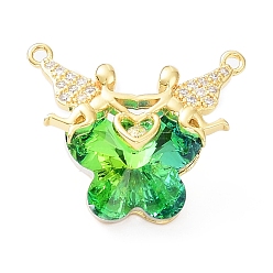 Lawn Green Glass Pendants, Butterfly Charms, with Real 18K Gold Plated Rack Plating Brass Micro Pave Clear Cubic Zirconia Angel, Long-Lasting Plated, Cadmium Free & Lead Free, Lawn Green, 23.5x29x12mm, Hole: 1.6mm